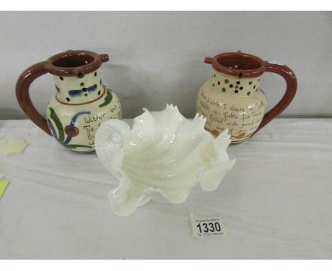 2 Aller Vale puzzle jugs (one a/f) and a Royal Worcester shell dish.