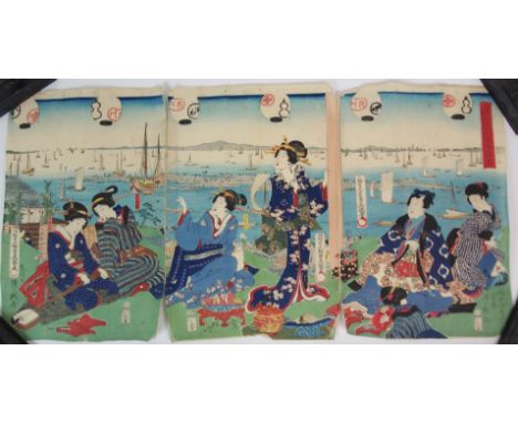 JAPANESE SCHOOL three triptych of beauties, 36cm x 72cm, 37cm x 74cm and 37.5cm x 76cm together with seven at 3.5cm x 25.5cm 
