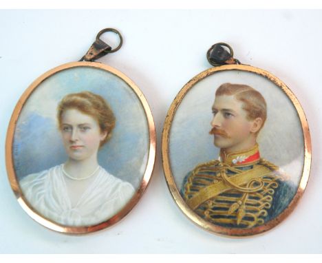 A PAIR OF PAINTED PORTRAIT MINIATURES OF AN ARMY OFFICER AND HIS WIFE indistinctly signed Hall, oil on ivorine, 7 x 6cm in ov