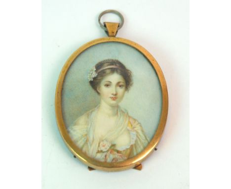 A PAINTED PORTRAIT MINIATURE OF A YOUNG LADY oil on ivorine in gilt-metal oval easel stand frame, 6 x 5cm and two printed min