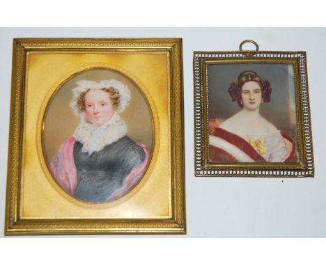 A PAINTED PORTRAIT MINIATURE OF A LADY WITH LACE BONNET AND PINK SHAWL oil on ivorine, 8 x 6cm in gilt-metal frame and anothe