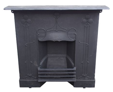 AN ARTS AND CRAFTS CAST IRON FIRE SURROUND with stylised foliage with shelf and grill, 100cm high x 104cm wide Condition Repo