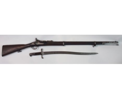 A 19TH CENTURY SNIDER ENFIELD PERCUSSION MUSKET  the 75cm steel barrel with two bands, steel ramrod, ladder sight, the lockpl