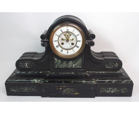 A LARGE VICTORIAN SLATE AND GREEN MARBLE MANTLE CLOCK the white enamel dial with Roman numerals, the striking movement marked