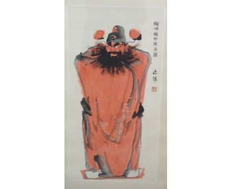 A CHINESE SCROLL PAINTING OF A MANDARIN standing in long flowing robes, signed, 109cm x 52cm (framed) Condition Report: Avail
