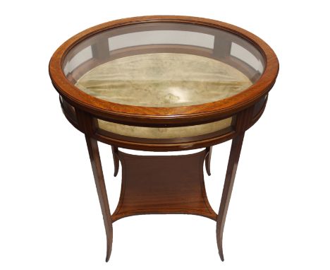 A SATINWOOD EBONY LINED AND FOLIATE INLAID BIJOUTERIE TABLE  the glazed top and sides enclosing a velvet lined base above squ