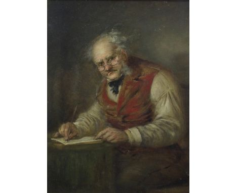 JOHN BROWN ABERCROMBY (SCOTTISH 1843 - 1929)  WRITING A LETTER  Oil on panel board, signed, 29.5 x 22cm (11 1/2 x 8 1/2")   C