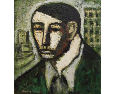 •HUGH BYARS (SCOTTISH B. 1957) SELF PORTRAIT Oil on board, signed and dated (19)91, 51 x 46cm (20 x 18") Condition Report: On
