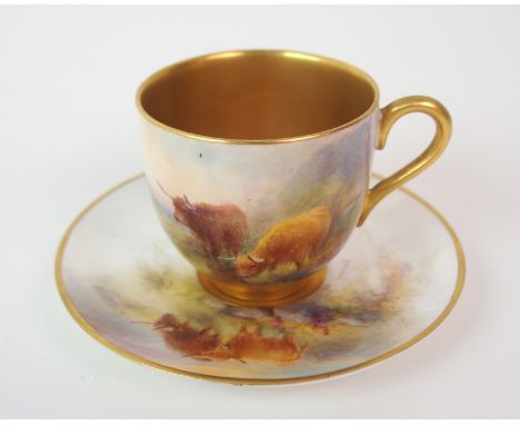 A ROYAL WORCESTER CABINET CUP AND SAUCER by Stinton, painted with cattle in a landscape, with signature to both pieces and wi