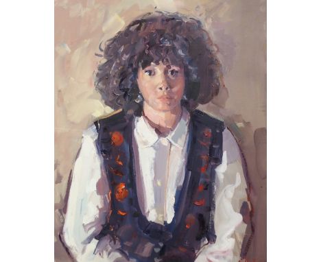 •JAMES FULLARTON (SCOTTISH B. 1946) PORTRAIT OF A YOUNG WOMAN Oil on canvas, signed, 91.5 x 76cm (36 x 30") Condition Report: