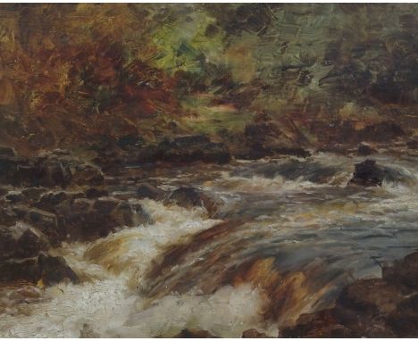 ALLAN RAMSAY (SCOTTISH 1852 - 1912)  THE NORTH ESK IN SPATE  Oil on panel, 21.5 x 26.5cm (8 1/2 x 10 1/2")   Condition Report