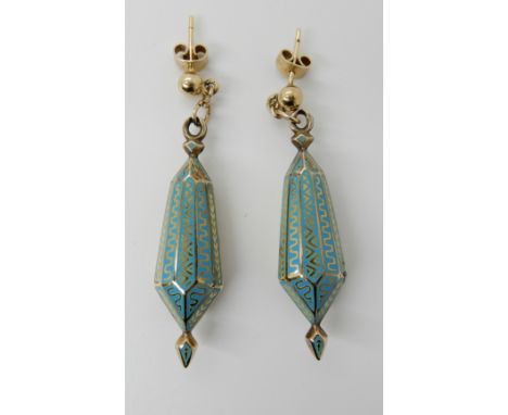 A PAIR OF VICTORIAN TURQUOISE ENAMEL DROP EARRINGS  fitted with modern stud earring fittings, length 5cm, weight 4.9gms   Con