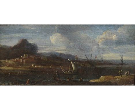 CONTINENTAL SCHOOL (18TH CENTURY) A BUSY ESTUARY SCENE Oil on canvas laid on panel, 9 x 19cm (3 1/2 x 7 1/2") Bears wax stamp