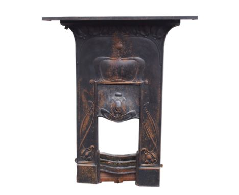 AN ARTS AND CRAFTS CAST IRON FIRE SURROUND 'The Hodderdale', RD No. 410348, cast with stylised foliage with canopy, shelf and