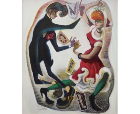 •THE FIRST MINISTER'S CHRISTMAS CARD 2017 JOHN BYRNE (SCOTTISH B. 1940) SAY IT WITH A KISS! Oil on canvas board, signed, 60 x