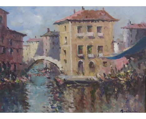 •JOHN AMBROSE RSMA (BRITISH 1931 - 2010) VENICE Oil on panel board, signed, 29 x 39cm (11 1/2 x 15 1/4") Condition Report: Av