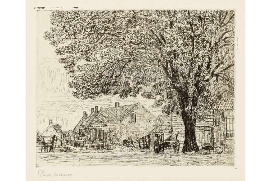Paul BaumHäuser am Dorfplatz mit mächtigem Baum und Paul BaumHäuser am Dorfplatz mit mächtigem Baum und