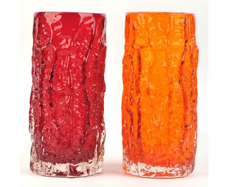 Geoffrey Baxter (British, 1922-1995) for Whitefriars, Two bark vases, in tangerine and ruby colourways, 23.5cm high (2)Condit