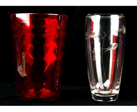 Marriott Powell for Whitefriars, an optic wave bucket vase, pattern 8463, in ruby glass, 25.5cm high, together with a clear g