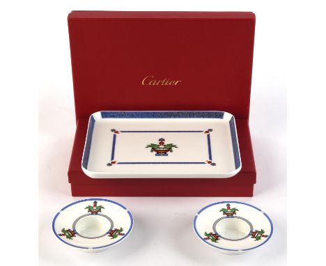 Cartier, La Maison Venitienne, Limoges porcelain Lapis biscuit tray, 20.8cm x 15.8cm wide, together with a pair of voltive te