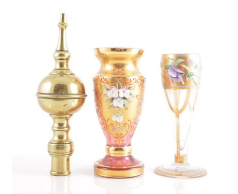 Murano gilt overlaid and enamel vase, 12cm, a similar cup and saucer, a brass finial, pewter quaiche and other plated wares e