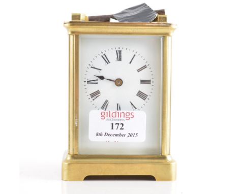 French brass cased carriage clock, white enamel dial, platform escapement, 13cm.