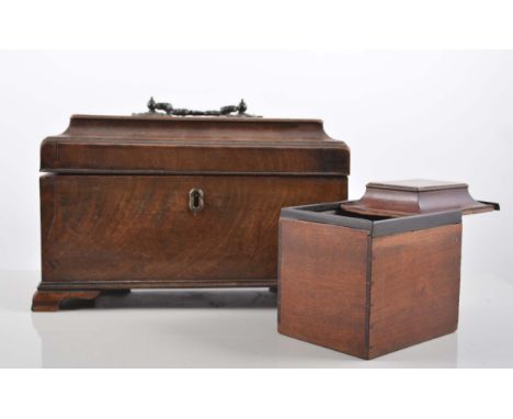 Georgian mahogany tea caddy, sarcophagus top enclosing three compartments, ogee bracket feet, width 25cm.
