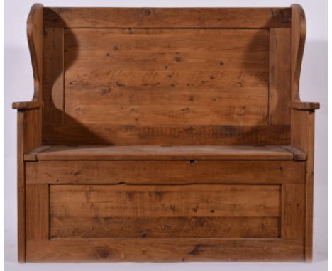 Pine bench, panel back, box seat, width 123cm.