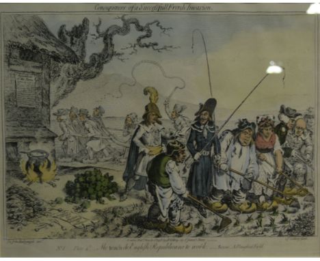 After James Gillray, Consequences of a Successful French Invasion:  Me Teach De English Republicans to Work, Hand coloured pr