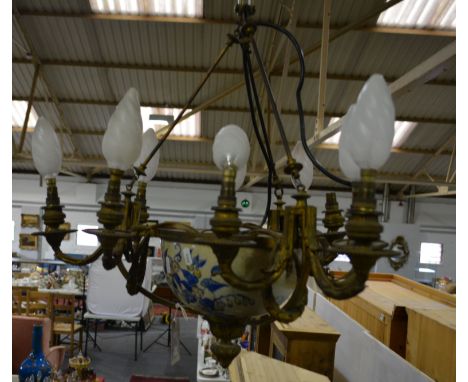Empire revival style nine light chandelier, gilt metal, ceramic bowl, three branches, each issuing three lights, 68cm drop ov