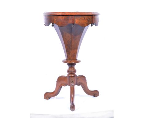Victorian walnut work table, circular top with a marquetry panel, part fitted interior, conical under section, on tripod carv