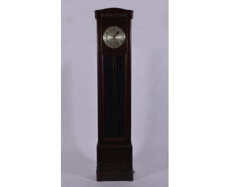 Stained wood longcase clock, 1920's, silvered circular dial, two chain movement, height 218cm.