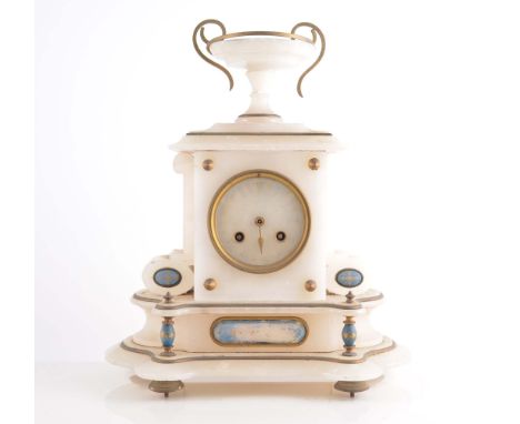 French alabaster mantel clock, late 19th Century with a campana urn over, cylinder movement, striking on a bell, 36cm.