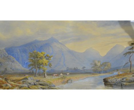 R Bowers (?), Mountain landscape with fisherman and cattle,  watercolour and gouache, on paper laid on canvas, signed and dat
