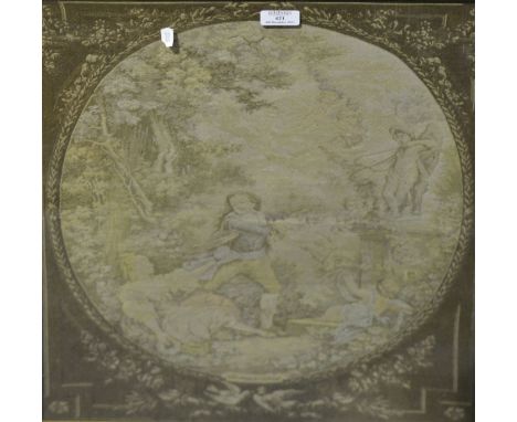 French rococo style machine made tapestry panel, figures in a garden, after Fragonnard, 70cm x 48cm, an architectural print, 