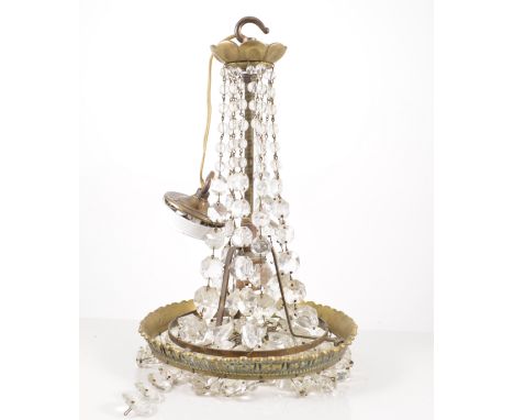 Pair of gilt metal and glass centre light fitting, with facet cut droplets, 42cm drop, together with prismatic lustre, facete