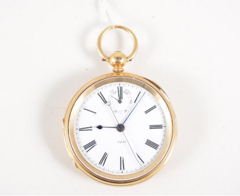 Victorian 18ct gold pocket chronograph, Chester probably 1877, white enamelled dial with up-down dial and numbered 73151, lev