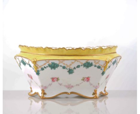 Royal Crown Derby oval basin, 1898, yellow coloured shoulder decorated with swags, width 21cm.