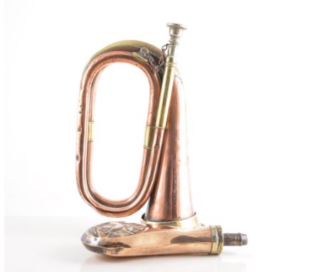 Copper and brass mounted bugle, 27cm and a Victorian shot flask, (2).