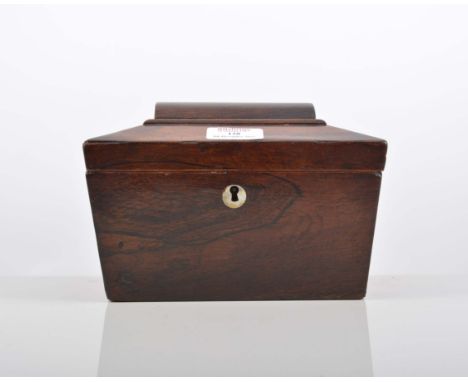 Victorian rosewood sarcophagus shaped tea caddy, width 20cm and a Victorian walnut and Tunbridge ware caddy, (2).