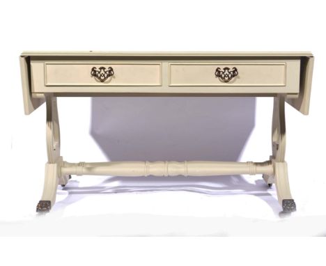 Painted coffee table of sofa table design, fitted with two frieze drawers, lyre ends, width 93cm and a painted stand, (2).