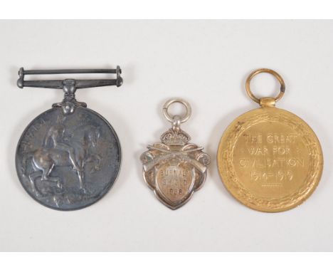 Medals:  WW1 pair to 1901.PTE.J.DICKINSON.S.STAFF.R. together with a silver shield fob.