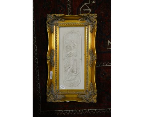 Pair of reproduction composite panels in gilt frames, plus a miniature portrait in a frame. (3)