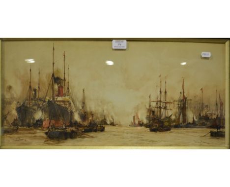 After Charles Dickson, The Lower Pool, London, Colour print, 26cm x 60cm and another, Above Greenwich, (2).