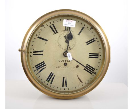 Brass case ships wall clock, enamelled dial signed Cufflin 432 Strand, with second dial, diameter 30cm.