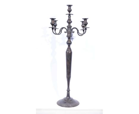 Bronzed floor standing five light candelabra, small branches, circular, height 157cm.