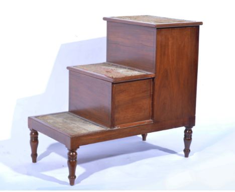 Set of Victorian mahogany bed steps/commode, three tread, turned legs, depth 64cm.