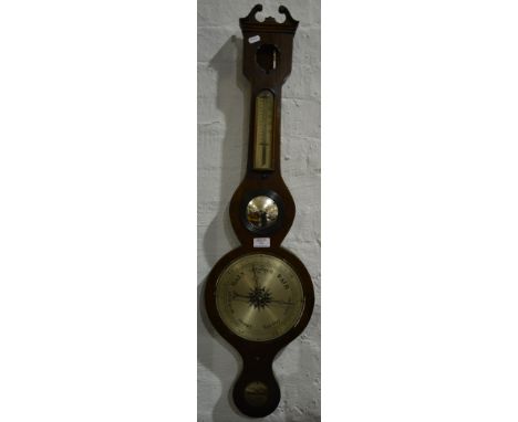 Victorian banjo shape wall barometer, silvered dials, 96cm.