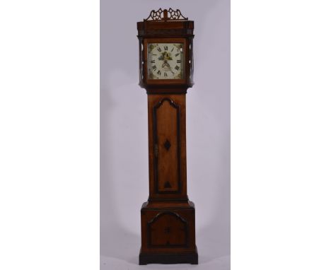 Oak longcase clock, square painted dial, signed Peck, Thrapston, date aperture, floret spandrels, thirty hour movement, blind