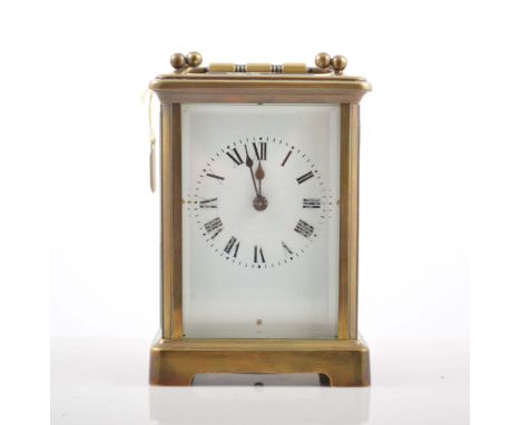 French brass case carriage clock, white enamel dial, platform escapement, 12cm.